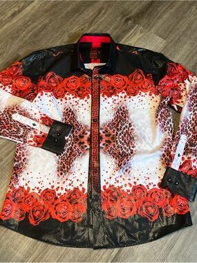 Bold Red Rose & Leopard Print Button-Up Shirt Mens L